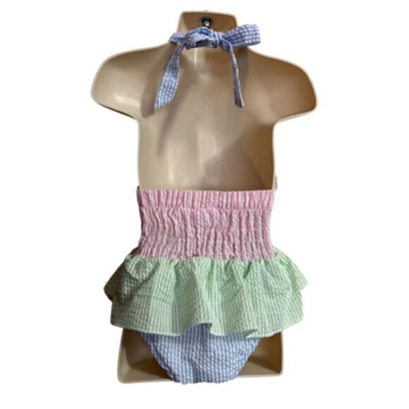 Seersucker Halter Pink, Green, Blue A Monogram Swimsuit Size 6 Months - Picture 5 of 8